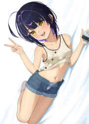 Rule 34 | 1girl, :d, absurdres, ahoge, bangom r, bare shoulders, black hair, blue shorts, blush, breasts, brown shirt, buttons, cellphone, colored inner hair, crop top, cropped shirt, denim, denim shorts, dutch angle, fingernails, flip phone, highres, huge ahoge, looking at viewer, lying, mole, mole under eye, mole under mouth, multicolored hair, nail polish, navel, on side, open fly, open mouth, original, panties, phone, pink nails, purple hair, shirt, short hair, short shorts, shorts, small breasts, smile, socks, solo, striped clothes, striped panties, teeth, two-tone hair, underwear, upper teeth only, v, white socks, yellow eyes