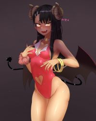 Rule 34 | 1girl, alternate costume, arm scrunchie, asymmetrical bangs, bangle, black hair, blush, bracelet, breasts, choker, clothing cutout, curvy, dark-skinned female, dark skin, demon girl, demon horns, demon tail, demon wings, earclip, fang, hair ornament, hairclip, heart cutout, highleg, highleg leotard, highres, horns, ijiranaide nagatoro-san, jewelry, legs together, leotard, long hair, looking at viewer, low wings, nagatoro hayase, navel cutout, nose blush, nyxkz, official alternate costume, revealing clothes, shiny skin, sideboob, small breasts, solo, standing, sweat, sweatdrop, tail, thighs, thong leotard, white choker, wide hips, wings, yellow eyes
