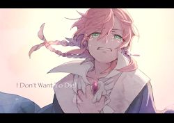 Rule 34 | 1boy, absurdres, blonde hair, braid, earrings, english text, gradient background, green eyes, highres, jewelry, letterboxed, long hair, magi the labyrinth of magic, male focus, solo, sonomura, tears, titus alexius, upper body