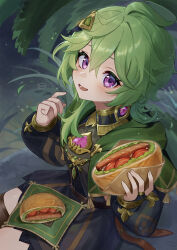 Rule 34 | 1girl, black dress, brown thighhighs, capelet, collei (genshin impact), commentary request, dress, earrings, food, genshin impact, green capelet, green hair, hair ornament, hand up, high collar, highres, hitsujino mery, holding, holding food, jewelry, long sleeves, looking at viewer, open mouth, puffy long sleeves, puffy sleeves, purple eyes, short dress, single earring, sitting, smile, solo, thighhighs, zettai ryouiki