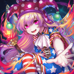 Rule 34 | 1girl, album cover, american flag dress, american flag legwear, ascot, blonde hair, clownpiece, commentary request, cover, earth (planet), embellished costume, fairy wings, fire, hat, jester cap, long hair, looking at viewer, open mouth, pantyhose, pink eyes, planet, polka dot, re (re 09), short sleeves, smile, solo, space, star (sky), star (symbol), striped, torch, touhou, very long hair, wings, wrist cuffs
