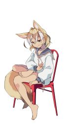 Rule 34 | 1girl, :p, alternate costume, animal ears, bare legs, barefoot, blonde hair, casual, chair, extra ears, fennec (kemono friends), fox ears, fox girl, fox tail, highres, kemono friends, long sleeves, looking at viewer, nanana (nanana iz), sailor collar, short hair, sitting, solo, sweater, tail, tongue, tongue out, white sweater, yellow eyes