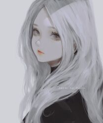 Rule 34 | 1girl, aoi ogata, artist name, black shirt, clip studio paint (medium), closed mouth, forehead, from side, grey background, grey eyes, highres, long hair, looking at viewer, looking to the side, original, red lips, shirt, simple background, solo, upper body, white hair