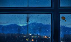 Rule 34 | antenna mast, artist name, blurry, blurry background, bokeh, commentary, dated, depth of field, highres, indoors, jiachen xu, mountain, night, no humans, original, rain, scenery, sticker, transmission tower, water drop, window