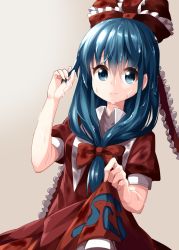 Rule 34 | 1girl, aqua eyes, aqua hair, bow, breasts, closed mouth, clothes lift, collar, collared shirt, commentary, dress, dutch angle, frilled dress, frilled ribbon, frills, front ponytail, gradient background, hair bow, hair ribbon, head, highres, holding, holding own hair, kagiyama hina, kerchief, long hair, looking at viewer, one-hour drawing challenge, puffy short sleeves, puffy sleeves, red dress, red ribbon, ribbon, ruu (tksymkw), shirt, short sleeves, skirt, skirt lift, sleeve cuffs, small breasts, smile, solo, standing, swirl, touhou, upper body, water, wet, wet clothes, wet dress, wet hair, white background, white collar, white frills