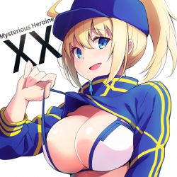 Rule 34 | 1girl, :d, ahoge, artoria pendragon (fate), baseball cap, bikini, blonde hair, blue eyes, blue hat, breasts, character name, commentary request, fate/grand order, fate (series), hair through headwear, hat, karaage bou, large breasts, long sleeves, looking at viewer, mysterious heroine x (fate), mysterious heroine xx (fate), open mouth, ponytail, short hair, shrug (clothing), sidelocks, simple background, smile, solo, swimsuit, white background, white bikini