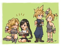 Rule 34 | 2boys, 2girls, alcohol, arm up, armor, ayla (chrono trigger), bare shoulders, black hair, black skirt, blonde hair, blue eyes, boots, breasts, caveman, chrono trigger, cleavage, cloud strife, crop top, crossed arms, crossover, cup, curly hair, day, earrings, final fantasy, final fantasy vii, fingerless gloves, full body, fur cuffs, fur scarf, gloves, grey fur, high ponytail, highres, holding, holding cup, jewelry, kino (chrono trigger), large breasts, long hair, looking at another, low-tied long hair, medium hair, midriff, multiple boys, multiple girls, parted bangs, pectorals, ponytail, red eyes, red gloves, seiza, short ponytail, shoulder armor, single bare shoulder, single earring, single sidelock, sitting, skirt, spiked hair, square enix, standing, sweatdrop, tank top, tifa lockhart, uzutanco, white tank top
