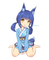 Rule 34 | ..., 1girl, animal ear fluff, animal ears, arms between legs, bare legs, barefoot, blue hair, blush, character request, copyright request, fox ears, fox girl, fox tail, full body, head tilt, japanese clothes, kimono, looking at viewer, low twintails, obi, sasaame, sash, short kimono, short yukata, simple background, sitting, solo, tail, triangle mouth, twintails, wariza, white background, yellow eyes, yukata