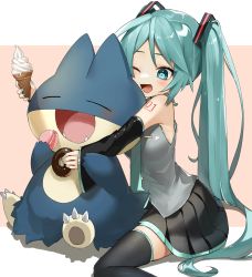 Rule 34 | 1girl, ;d, arm tattoo, black footwear, black skirt, blush, boots, closed eyes, commentary, creatures (company), crossover, detached sleeves, doughnut, eating, fangs, food, game freak, gen 4 pokemon, green eyes, green hair, green nails, green neckwear, grey shirt, hatsune miku, highres, holding, ice cream, ice cream cone, long hair, lower teeth only, macaron, munchlax, nail polish, necktie, nintendo, one eye closed, open mouth, pleated skirt, pokemon, pokemon (creature), reirou (chokoonnpu), shirt, sitting, skirt, sleeveless, sleeveless shirt, smile, symbol-only commentary, tattoo, teeth, thigh boots, thighhighs, tongue, twintails, vocaloid