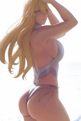 Rule 34 | 1girl, artoria pendragon (fate), artoria pendragon (lancer) (fate), artoria pendragon (swimsuit ruler) (second ascension) (fate), ass, backless outfit, bare arms, bare shoulders, blonde hair, breasts, closed mouth, fate/grand order, fate (series), from behind, green eyes, highres, large breasts, long hair, looking at viewer, looking back, lvl (sentrythe2310), simple background, smile, solo, white background
