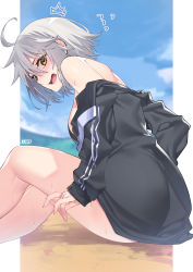 Rule 34 | 1girl, ^^^, ahoge, artist name, bare shoulders, beach, bikini, bikini top only, black bikini, black jacket, blurry, blurry background, blush, breasts, day, fate/grand order, fate (series), feet out of frame, fingernails, flying sweatdrops, from side, hair between eyes, highres, jacket, jeanne d&#039;arc (fate), jeanne d&#039;arc alter (avenger) (fate), jeanne d&#039;arc alter (fate), jjune, knees up, large breasts, long sleeves, looking at viewer, looking to the side, no pants, nose blush, ocean, off shoulder, open mouth, outdoors, pillarboxed, short hair, sidelocks, silver hair, sitting, sleeves past wrists, solo, striped clothes, striped jacket, sweat, swimsuit, yellow eyes