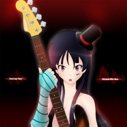 Rule 34 | 00s, 1girl, akiyama mio, bad id, bad pixiv id, bass guitar, black hair, blunt bangs, don&#039;t say &quot;lazy&quot;, female focus, hat, hime cut, instrument, k-on!, miang, mini hat, mini top hat, mouth hold, solo, striped, top hat