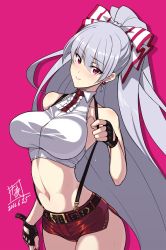 Rule 34 | 1girl, adapted costume, bare shoulders, black gloves, bow, breasts, cowboy shot, crop top, dated, earrings, fingerless gloves, fujiwara no mokou, gloves, hair bow, highres, jewelry, large breasts, long hair, looking at viewer, navel, pink background, pink eyes, ponytail, red shorts, short shorts, shorts, silver hair, solo, suspenders, sweat, touhou, touya (the-moon), very long hair