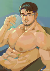 Rule 34 | 1boy, abs, bara, beard, cup, eyebrow cut, facial hair, glasses, highres, holding, holding cup, large pectorals, male focus, mug, muscular, muscular male, mustache, nipples, original, pectorals, rouyuan shiqi (ro seventeen), short hair, smile, solo, stomach, thick eyebrows, topless male, upper body