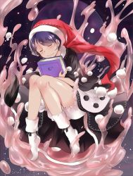 Rule 34 | 1girl, :3, bloomers, blue hair, book, doremy sweet, dress, closed eyes, full body, hat, highres, holding, holding book, liquid, nightcap, pom pom (clothes), smile, solo, tail, tannkobuiwa, tapir tail, touhou, underwear