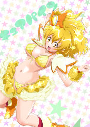 Rule 34 | 1girl, :d, adapted costume, alternate costume, bikini, blonde hair, boots, breasts, choker, commentary request, cure pine, eyelashes, fresh precure!, frills, hair ornament, happy, high heel boots, high heels, highres, looking at viewer, magical girl, medium breasts, medium hair, navel, open mouth, precure, pururun z, side ponytail, smile, solo, swimsuit, wrist cuffs, yamabuki inori, yellow bikini, yellow eyes, yellow footwear