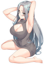 Rule 34 | 1girl, armpits, arms behind head, arms up, azur lane, barefoot, blush, braid, breasts, cleavage, cleavage cutout, clothing cutout, dress, forehead, french braid, glasses, grey eyes, grey hair, hair ornament, highres, large breasts, legs, long hair, looking at viewer, parted bangs, ribbed dress, semi-rimless eyewear, shangri-la (azur lane), simple background, sitting, snowflake hair ornament, super nagoyaka, sweater, sweater dress, turtleneck dress, wariza, white background