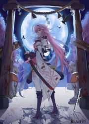 Rule 34 | 1girl, artist name, bare shoulders, boots, cherry blossoms, closed mouth, detached sleeves, full body, full moon, highres, holding, holding sword, holding weapon, honkai (series), honkai impact 3rd, japanese clothes, kasurin, katana, knee boots, long hair, looking at viewer, looking back, miko, moon, night, night sky, outdoors, pink eyes, planted, planted sword, planted weapon, purple footwear, resolution mismatch, sheath, sheathed, sky, solo, source smaller, standing, sword, thighhighs, tree, weapon, white sleeves, white thighhighs, yae sakura, yae sakura (gyakushinn miko)