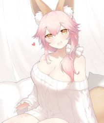Rule 34 | 1girl, animal ear fluff, animal ears, bare shoulders, blush, bow, breasts, cable knit, cleavage, fang, fate/extella, fate/extra, fate/extra ccc, fate/grand order, fate (series), fox ears, fox tail, hair bow, hair ornament, heart, highres, indoors, large breasts, looking at viewer, patting lap, pink hair, smile, solo, spoken heart, sweater, tail, tamamo (fate), tamamo no mae (fate/extra), tsukimi okayu, white bow, yellow eyes