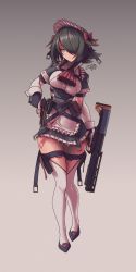 1girl, absurdres, artist name, black gloves, black hair, bow, breasts, commission, dual wielding, eyebrows visible through hair, full body, gloves, green eyes, gun, hair over one eye, handgun, highres, holding, holding gun, holding weapon, huge filesize, large breasts, looking at viewer, maid, original, pistol, red bow, short hair, signature, solo, thighhighs, weapon, white legwear, zhvo