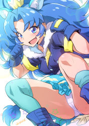 Rule 34 | 10s, 1girl, :d, animal ears, ass, blue eyes, blue gloves, blue hair, blue theme, blue thighhighs, blush, boots, breasts, cameltoe, cat ears, cat tail, clenched hands, covered erect nipples, crown, cure gelato, earrings, extra ears, fang, gloves, jewelry, joy ride, kirakira precure a la mode, lion ears, lion tail, long hair, looking at viewer, open mouth, panties, pantyshot, precure, simple background, small breasts, smile, solo, squatting, star (symbol), tail, tategami aoi, thighhighs, underwear, white background, white panties