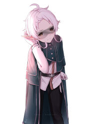 Rule 34 | 1girl, absurdres, ahoge, black cloak, black pants, blush, cloak, closed mouth, commentary request, ear blush, elf, feet out of frame, forehead, gloves, goggles, hand up, highres, lawnielle, long sleeves, looking at viewer, mushoku tensei, pants, pointy ears, shirt, simple background, solo, standing, sylphiette (mushoku tensei), white background, white gloves, white hair, white shirt