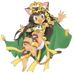 Rule 34 | 1girl, animal ears, ankle lace-up, anklet, armpits, barefoot, bastet (p&amp;d), blush stickers, cat ears, cat tail, cross-laced footwear, dark-skinned female, dark skin, egyptian, fang, feet, full body, green eyes, happy, highres, jewelry, long hair, lots of jewelry, midriff, open mouth, oyatsu (mk2), puzzle &amp; dragons, simple background, smile, soles, solo, tail, toes, white background