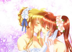Rule 34 | 00s, 2girls, alternate hairstyle, bare shoulders, blonde hair, blush, breasts, brown hair, cleavage, couple, dress, elbow gloves, closed eyes, fate testarossa, flower, gloves, hair bun, hair flower, hair ornament, hand on another&#039;s face, imminent kiss, long hair, lyrical nanoha, mahou shoujo lyrical nanoha strikers, multiple girls, nanashiki, side ponytail, single hair bun, takamachi nanoha, wedding dress, wife and wife, yuri