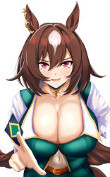 Rule 34 | 1girl, absurdres, animal ears, black gloves, breasts, brown hair, cleavage, collared shirt, commentary request, cross, ear ornament, fingerless gloves, gloves, green jacket, hair between eyes, highres, horse ears, horse girl, jacket, long hair, long sleeves, medium breasts, multicolored hair, one eye closed, open mouth, pendant choker, pointing, pointing at viewer, red eyes, shirt, sirius symboli (umamusume), smile, solo, sparkle, spoken sparkle, streaked hair, striped background, tessa (uma orfevre), umamusume, upper body, white background, white hair