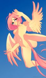Rule 34 | 1girl, animal ears, blue eyes, breasts, cleft of venus, fluttershy, flying, highres, leanfide, my little pony, pink hair, pussy, sunset, wings