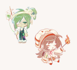 Rule 34 | 1boy, 1girl, as-zero, bandaged head, bandages, blue overalls, blush, brown hair, chibi, closed eyes, closed mouth, collared shirt, enkephalin (project moon), fire, green hair, hat, highres, intravenous drip, library of ruina, long hair, long sleeves, malkuth (project moon), matches, netzach (project moon), open mouth, overalls, project moon, shirt, simple background, very long hair, white background, white headwear, white shirt
