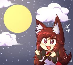 Rule 34 | &gt;:d, +++, 1girl, :d, animal ear fluff, animal ears, blush, brooch, brown hair, chibi, clenched hands, dress, fang, full moon, imaizumi kagerou, jewelry, long hair, long sleeves, moon, night, night sky, open mouth, red eyes, sky, smile, solo, star (sky), starry sky, tail, tail wagging, touhou, v-shaped eyebrows, wolf ears, wolf tail, wool (miwol)