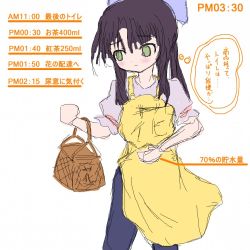 Rule 34 | 1girl, apron, basket, black hair, blue bow, blue pants, blush, bow, closed mouth, embarrassed, female focus, green eyes, grey shirt, hair bow, hand up, have to pee, holding, japanese text, jirene, jpeg artifacts, long hair, looking to the side, original, pants, shirt, short sleeves, sketch, solo, standing, text focus, thought bubble, translation request, urine meter, yellow apron