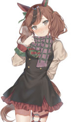 Rule 34 | 1girl, adjusting scarf, animal ears, arm behind back, artist name, black dress, blush stickers, brown hair, brown shirt, closed mouth, cowboy shot, dress, ear covers, hand up, highres, horse ears, horse girl, horse tail, juliet sleeves, long sleeves, looking at viewer, medium hair, multicolored hair, nice nature (umamusume), oshage (osyage921), puffy sleeves, scarf, shirt, simple background, smile, solo, streaked hair, tail, thigh strap, twintails, umamusume, white background, yellow eyes