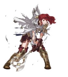 Rule 34 | 1girl, anna (fire emblem), armor, axe, belt, boots, cape, female focus, fire emblem, fire emblem heroes, full body, gloves, highres, injury, kozaki yuusuke, matching hair/eyes, nintendo, non-web source, official art, ponytail, red eyes, red hair, ryona, scale armor, simple background, skirt, solo, standing, thigh boots, thighhighs, torn clothes, transparent background, weapon, white background, white cape, zettai ryouiki