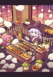 Rule 34 | 1girl, absurdres, apple, artist name, basket, blush, cafe, candy, candy apple, cash register, cloak, dated, flower, food, fruit, ghost, green eyes, greenthumb el, hair flower, hair ornament, halloween, hat, highres, indoors, lollipop, long hair, long sleeves, mushroom, open mouth, original, pie, pumpkin, radish, smile, solo, string of flags, sweets, white hair, window, witch, witch hat, wooden floor