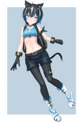 Rule 34 | 1girl, :3, animal ear fluff, animal ears, arm ribbon, backpack, bag, bare arms, bare shoulders, belt, black gloves, black hair, black pantyhose, black ribbon, black shorts, blue background, blue choker, blue eyes, boots, border, breasts, brown belt, cat ears, cat tail, choker, collarbone, commentary request, crop top, full body, gloves, hair between eyes, head tilt, highres, looking at viewer, medium breasts, midriff, multicolored hair, navel, original, outside border, pantyhose, ribbon, roke (taikodon), short hair, short shorts, shorts, simple background, sleeveless, slit pupils, smile, solo, stomach, streaked hair, tail, thigh strap, thighs, white border, white footwear, white hair