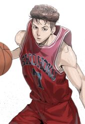 Rule 34 | 1boy, absurdres, ball, basketball (object), basketball jersey, basketball uniform, bishounen, brown eyes, brown hair, chamuring, clothes lift, cowboy shot, earrings, highres, holding, holding ball, jewelry, looking at viewer, male focus, miyagi ryouta, open mouth, red shorts, red tank top, shirt lift, shirt tucked in, shorts, slam dunk (series), solo, sportswear, stud earrings, tank top, toned, toned male, undercut, wavy hair, white background