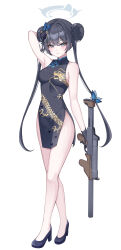 Rule 34 | 1girl, absurdres, armpits, black dress, black footwear, black hair, blue archive, blush, breasts, china dress, chinese clothes, closed mouth, double bun, dragon print, dress, full body, grey eyes, grey halo, gun, hair between eyes, hair bun, halo, high heels, highres, holding, holding gun, holding weapon, kisaki (blue archive), long hair, looking at viewer, simple background, sleeveless, sleeveless dress, small breasts, solo, suppressor, twintails, weapon, white background, yulha 06