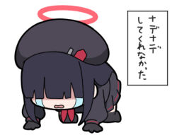 1girl all_fours beret black_gloves black_hair black_hat black_shirt black_skirt black_thighhighs blue_archive chibi commentary_request crying full_body gloves halo hat justice_task_force_member_(blue_archive) long_hair look!_xxx_is_dancing! lowres neckerchief nyaru_(nyaru_4126) parted_lips pleated_skirt red_neckerchief shirt simple_background skirt solo streaming_tears tears thighhighs translated very_long_hair wavy_mouth white_background