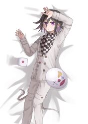 Rule 34 | 1boy, absurdres, arm up, buttons, checkered clothes, checkered scarf, danganronpa (series), danganronpa v3: killing harmony, dice, double-breasted, expressionless, grey jacket, grey pants, hair between eyes, hand up, highres, jacket, long sleeves, lying, male focus, mask, oma kokichi, on back, pants, purple eyes, scarf, solo, unworn mask, wareta ao ringo
