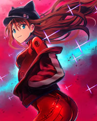 Rule 34 | 1girl, artist request, ass, black hat, blue eyes, bodysuit, brown hair, cowboy shot, evangelion: 3.0 you can (not) redo, eyepatch, floating hair, from behind, frown, hands in pockets, hat, highres, jacket, long hair, looking at viewer, looking to the side, multicolored clothes, multicolored jacket, neon genesis evangelion, plugsuit, rebuild of evangelion, red background, red bodysuit, shiny clothes, sidelocks, simple background, smile, solo, souryuu asuka langley, standing, straight hair, sue (frederica--bernkastel), swept bangs, very long hair, white jacket, wide hips