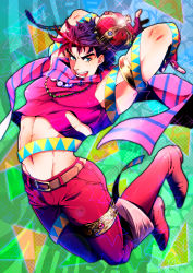 Rule 34 | 1boy, armlet, boots, cielholic, colorful, crop top, crown, gradient hair, highres, jewelry, jojo no kimyou na bouken, joseph joestar, joseph joestar (young), jumping, lots of jewelry, male focus, mariero (mariello), midriff, multicolored hair, necklace, pink hair, purple hair, ribbon, scarf, solo