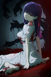 Rule 34 | 1girl, barefoot, blood, breasts, dress, fate/stay night, fate (series), hair ribbon, heaven&#039;s feel, highres, kamo ashi, large breasts, long hair, looking at viewer, looking back, matou sakura, parted lips, purple hair, red eyes, red ribbon, ribbon, shadow hands, short sleeves, sitting, solo, white dress