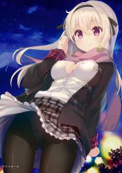 Rule 34 | 1girl, absurdres, black pantyhose, blush, breasts, breath, cleavage, coat, cowboy shot, dutch angle, gluteal fold, hair between eyes, hair ribbon, hairband, highres, medium breasts, melonbooks, night, night sky, outdoors, panties, panties under pantyhose, pantyhose, partially unbuttoned, purple eyes, ribbon, scan, scarf, sky, smile, solo, takei ooki, underwear, white hair