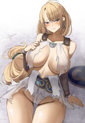 Rule 34 | 1girl, ahoge, arm support, bare shoulders, blonde hair, blue eyes, blue sash, blush, breast curtains, breasts, brown sleeves, cameltoe, defeat, detached sleeves, earrings, highres, jewelry, large breasts, long hair, looking at viewer, low-tied long hair, sash, shield, sitting, solo, sophitia alexandra, soul calibur, sweat, sword, very long hair, wabimochi, weapon, wide hips