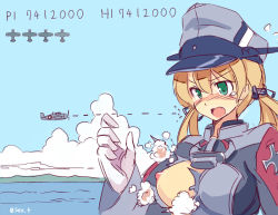 Rule 34 | 1girl, aircraft, airplane, aqua eyes, blonde hair, blue sky, blush, breasts, breasts out, cloud, cross, day, fake screenshot, fang, flying sweatdrops, gloves, hair ornament, hair ribbon, hat, iron cross, kantai collection, long hair, long sleeves, military, military uniform, nipples, no bra, open mouth, parodius, parody, peaked cap, prinz eugen (kancolle), ribbon, seo tatsuya, sky, smoke, solo, standing, tears, tongue, torn clothes, twintails, uniform, water, white gloves