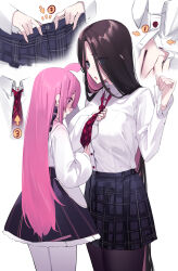 Rule 34 | 2girls, absurdres, adjusting another&#039;s clothes, adjusting clothes, adjusting necktie, ako ko (yaguo), black skirt, blue skirt, breasts, brown hair, collared shirt, eyes visible through hair, green eyes, height difference, highres, large breasts, long hair, long sleeves, multiple girls, multiple views, necktie, original, pink eyes, pink hair, pity (yaguo), plaid, plaid necktie, plaid skirt, pleated skirt, red necktie, shirt, simple background, skirt, standing, white background, white shirt, yaguo