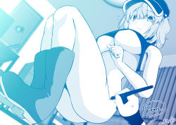 Rule 34 | 1girl, artist self-insert, ass, blue theme, blush, boots, bottomless, breasts, closed mouth, commentary request, crop top, curtains, desk lamp, flat cap, flying sweatdrops, full body, hair bobbles, hair ornament, hat, highres, holding, holding pen, indoors, kagiyama shachou, kawashiro nitori, lamp, large breasts, looking at viewer, medium hair, monochrome, pen, sidelocks, solo, squatting, tank top, touhou, two side up, underboob