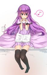 Rule 34 | 1girl, black thighhighs, book, burger, crescent, cup, eating, emushake, food, highres, long hair, musical note, no headwear, no headwear, patchouli knowledge, purple eyes, purple hair, quaver, simple background, sitting, sketch, solo, spoken musical note, thighhighs, touhou, white background, zettai ryouiki